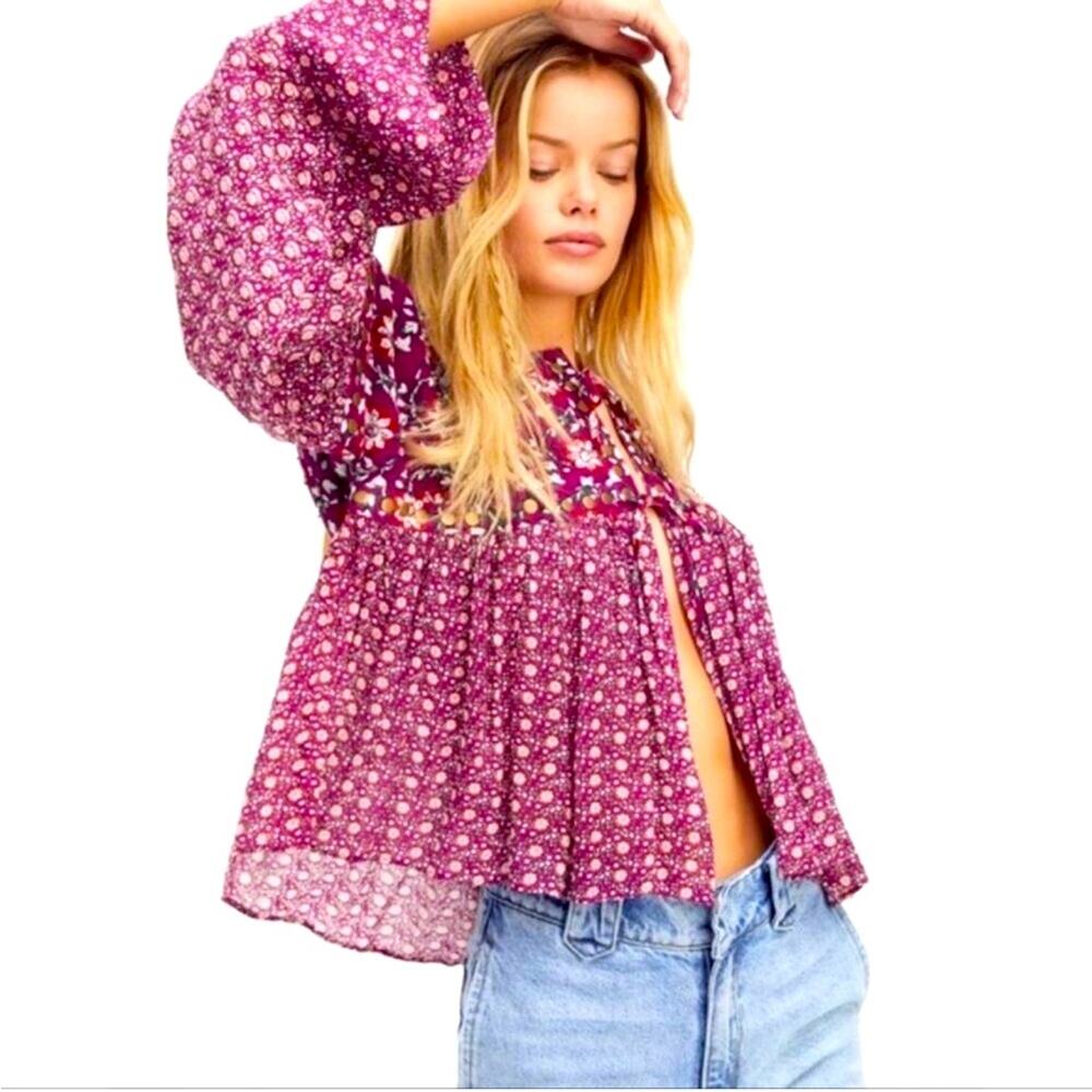 Free People Malia Babydoll floral jacket XS purple beaded studded tie front